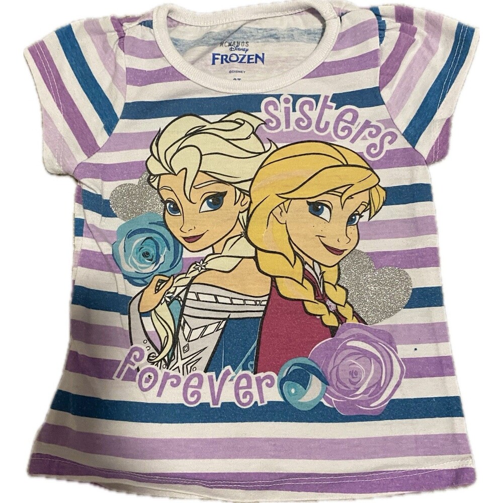 Disney Frozen T-Shirt Anna and Elsa Purple Stripes Size 2T